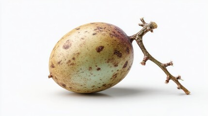 Speckled egg rests against a small twig, isolated on white