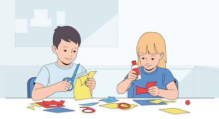 Flat style illustration of children cutting and gluing paper shapes in a classroom, engaging in creative arts and crafts activities that support learning, imagination, and teamwork