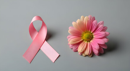 A delicate pink ribbon and flower, positioned against a neutral backdrop, evoke a thoughtful and compassionate message.