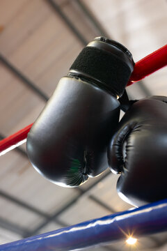 Black leather boxing gloves hanging over red ring rope above blue rope in gym