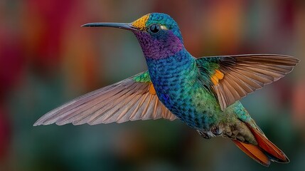 Vibrant hummingbird in flight, iridescent plumage against blurred floral background