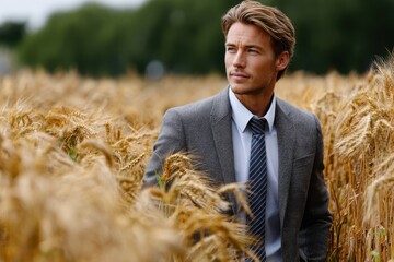 Man in a suit standing thoughtfully in a golden wheat field during a sunny day