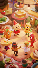 Obraz premium Several animated characters shaped like food are having a party. 