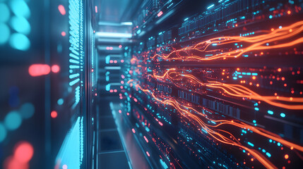 Abstract data center server room with glowing orange and blue light streams and equipment racks