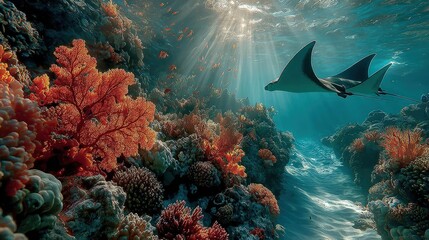 Underwater coral reef scene with stingray. Sunlight streams through water. Vibrant coral formations and marine life