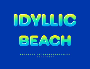 Vector Summer banner Idyllic Beach. Creative Font. Glossy Round Alphabet Letters and Numbers set.