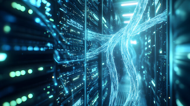 A close up view of server racks with glowing blue cables and lights in a data center environment