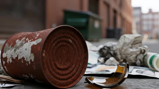 Rusted can among urban trash: exploring street litter and environmental neglect