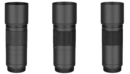 Three black camera lenses against a white background
