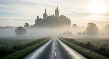 Road leading to a majestic castle shrouded in fog at sunrise