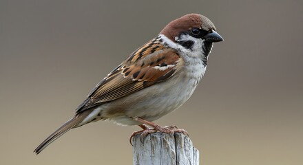 Eurasian Tree Sparrow Perched on Wooden Post.