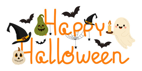 Happy Halloween lettering with cute ghost, pumpkins, bats, spider web, candle, and witch hats — festive Halloween vector illustration perfect for spooky holiday greeting cards, party invitations.
