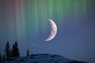 Crescent moon with aurora borealis, snowy winter landscape, stars and shooting star, night sky scene