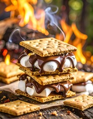 A stack of s'mores, dripping with melted chocolate, sits atop parchment paper, with a warm campfire in the background.