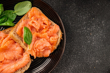 sandwich salmon smoked fish open sandwich delicious fresh portion size natural product tasty snack fresh delicious gourmet food background on the table rustic top view copy space pescetarian diet