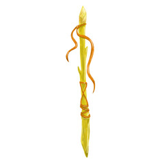Yellow wooden wizard magic staff with long red ribbons for witches and magicians. Watercolor isolated illustration. For vintage and retro antiques, tarot cards deck collection designs and clip art