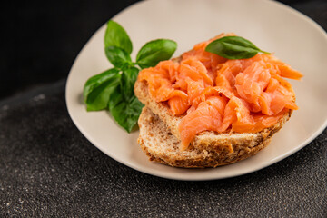 sandwich salmon smoked fish open sandwich delicious fresh portion size natural product tasty snack fresh delicious gourmet food background on the table rustic top view copy space pescetarian diet