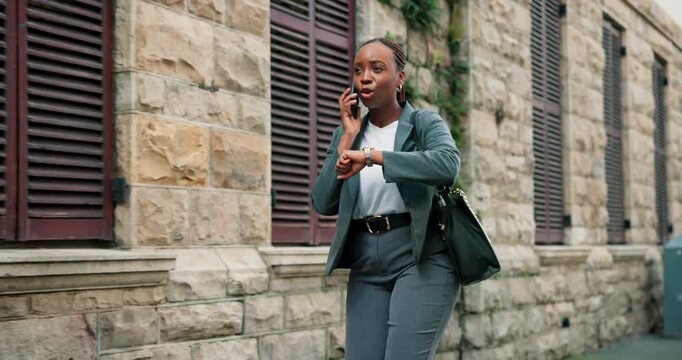 Black woman, city and checking watch with phone call for business deadline, delay or late schedule. Female person, talking and wristwatch with mobile smartphone for time management in an urban town