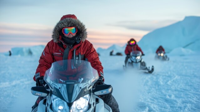 Arctic Snowmobile Expedition Adventure in a Remote, Snowy Landscape.
A stunning, cinematic photograph capturing the thrill of a snowmobile expedition through a vast and pristine polar landscape. In th