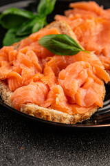 sandwich salmon smoked fish open sandwich delicious fresh portion size natural product tasty snack fresh delicious gourmet food background on the table rustic top view copy space pescetarian diet