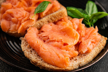 sandwich salmon smoked fish open sandwich delicious fresh portion size natural product tasty snack fresh delicious gourmet food background on the table rustic top view copy space pescetarian diet