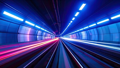 A vibrant tunnel interior, illuminated by vibrant neon blues and pinks, shows a perspective of fast-moving vehicles.
