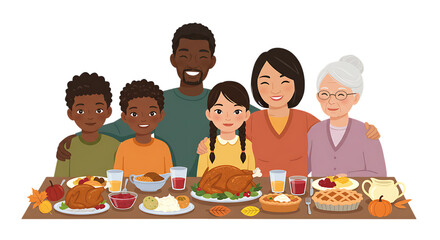 Thanksgiving Vector Illustrations &ndash; Family, Harvest, and Festive Decorations on White Background