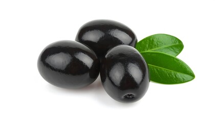 Three black olives with leaves