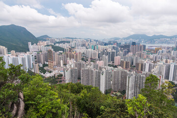 View of Hong Kong and Kowloon from Lion Rock Head. Panorama of Hong Kong, skyscrapers and nature.