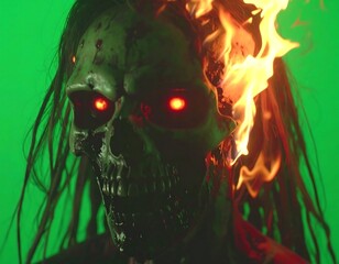 Fototapeta premium Fiery skull with glowing eyes against green screen