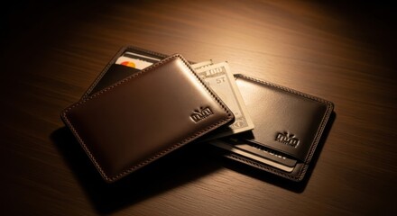 Elegant Leather Wallets with Cash and Credit Cards on a Wooden Table Wealth and Finance Concept