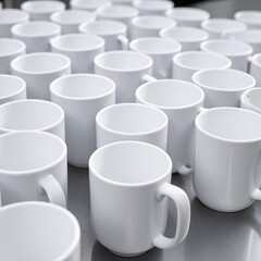 Rows of white mugs on a table