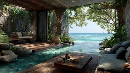 Tropical indoor-outdoor living space with ocean view.  Wooden deck, stone walls, pool, and lush greenery