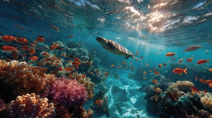 Fototapeta premium Underwater coral reef teeming with colorful fish and a sea turtle. Sunlight streams through the water
