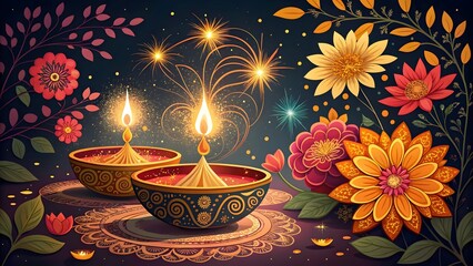 Diwali festival celebration with illuminated diyas and fireworks surrounded by vibrant flowers