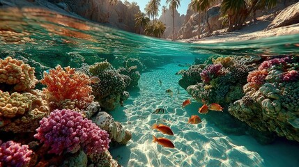 Underwater coral reef scene, vibrant colors, tropical fish, clear water, sandy bottom, palm trees, rocky cliffs