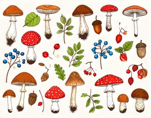 Forest illustration with mushrooms, berries, leaves, and acorns
