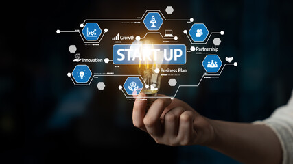A creative representation of startup innovation featuring a hand holding a light bulb, surrounded by icons illustrating business strategies and growth plans. Tessel
