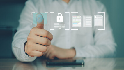 Man giving thumbs up with secure login and privacy interface icons, symbolizing cybersecurity, protection, and data approval.