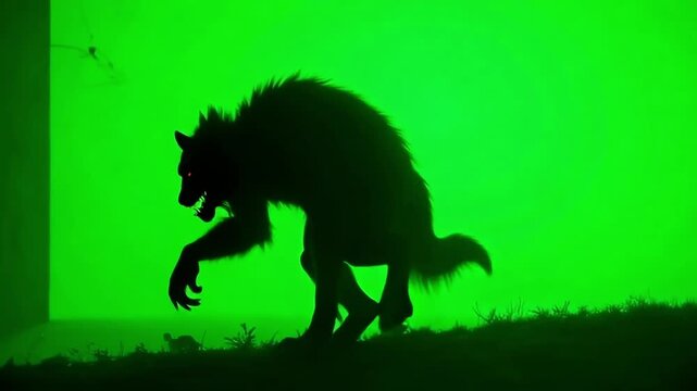 Terrifying werewolf silhouette stalks through moonlit grass during a chilling transformation, evoking primal fear and supernatural mystery.