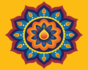 Colorful Diwali Mandala Illustration with Oil Lamp on a Yellow Background