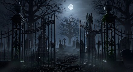 Eerie Cemetery Gate Under a Full Moon