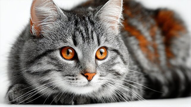 Close-up of a gray and white cat with orange eyes