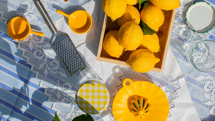 Luminous lemons bask on lace and stripes, evoking Southern European zest festivity, akin to Italian Lemon Festival vibrancy