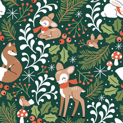 Seamless vector pattern with woodland animals. Hand drawn cute fox, deer, rabbit, fawn and bird with winter flora. Perfect for textile, wallpaper or nursery print design.