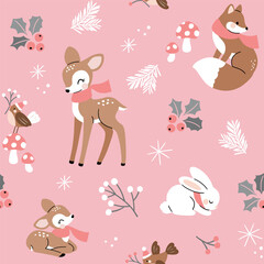 Seamless vector pattern with woodland animals. Hand drawn cute fox, deer, rabbit, fawn and bird with winter flora. Perfect for textile, wallpaper or nursery print design.