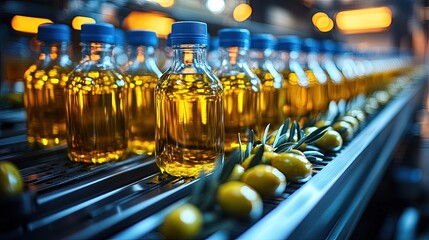 Olive oil bottles on a conveyor belt in a modern factory