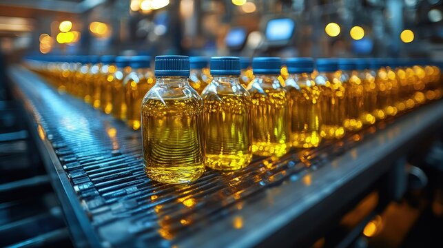 Bottles of liquid, amber-colored, moving on a conveyor belt in a factory
