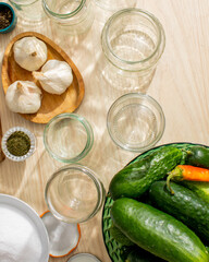 Sunlit jars and fresh cucumbers await pickling, whispering of Slavic harvest festivals and culinary alchemy
