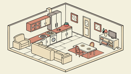 Cozy Isometric Living Room and Kitchen Interior Design Illustration